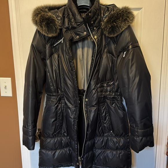 COLE HAAN Quilted Fox Fur Trim Hooded Down Puffer Coat Size Large - Picture 8 of 12